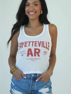 The Laundry Room Fayetteville AR White Ribbed Tank with Red Graphic